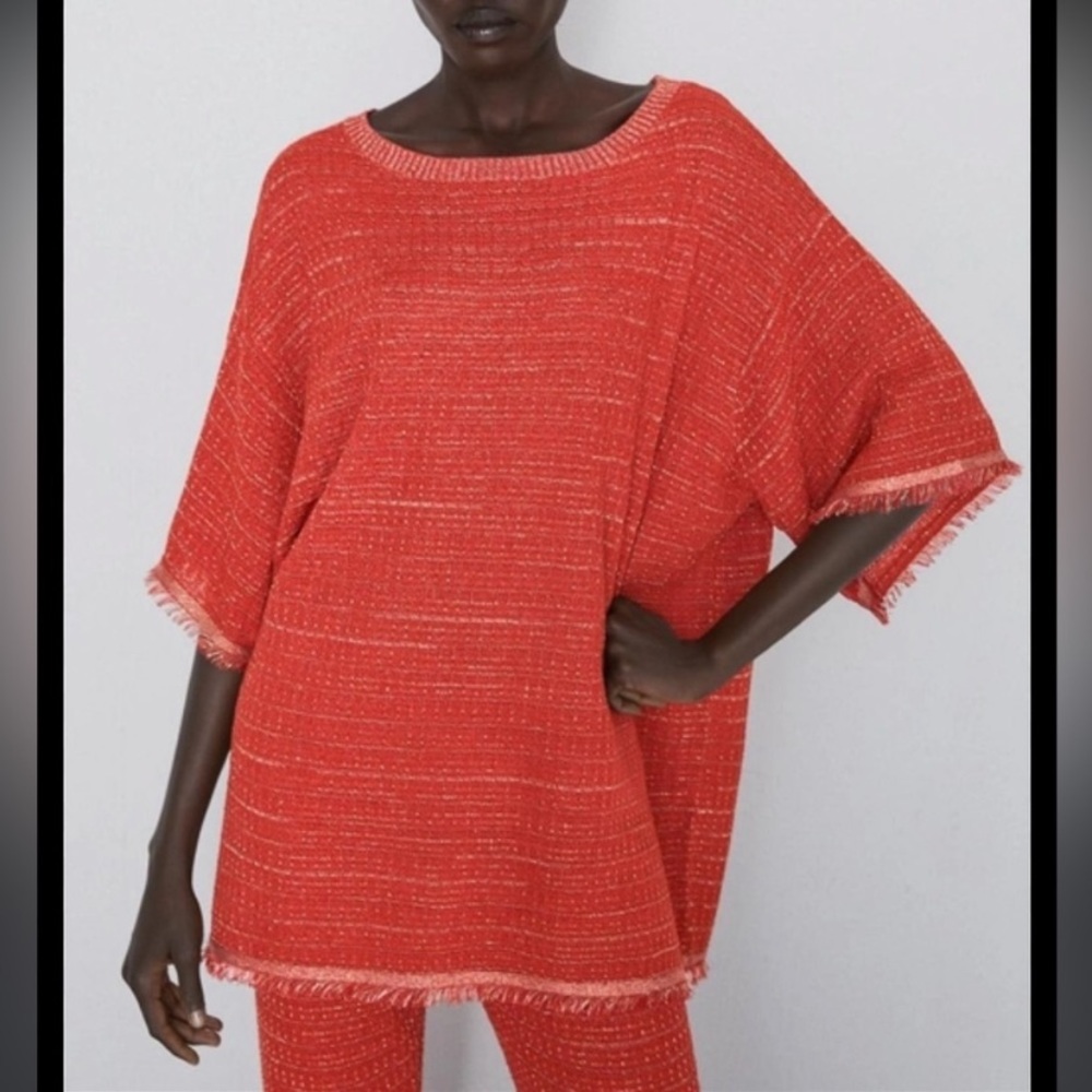 Zara Orange Metallic Oversized Knit Shirt